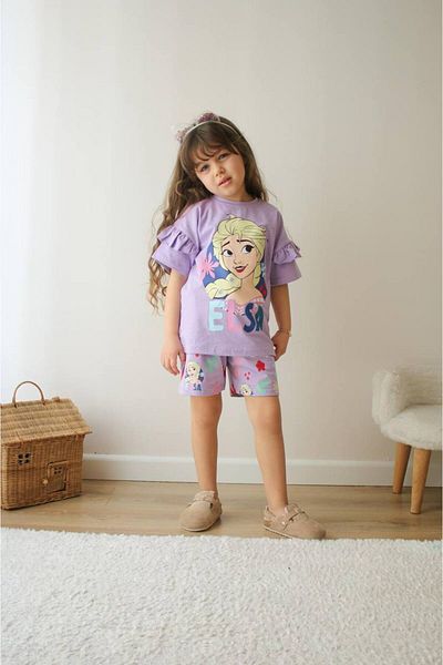 SACRO KİDS Elsa Printed Shorts-T-Shirt Summer Girl Set