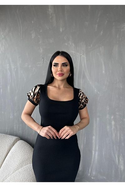 Butik Merrline, camisole neagră pentru femei, țesătură elastică, confortabilă, cu mâneci leopard, detaliu zilnic, rochie midi deasupra genunchiului