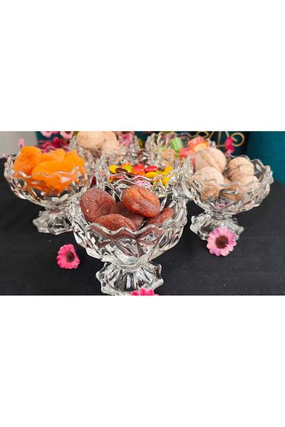 ORTAKÖY CENNETİ 6 Pieces Footed Glass Prism Model Delight Bowl Jam Sauce Bowl Dragee 110 ml 7 cm Size. 8 cm Mouth Size