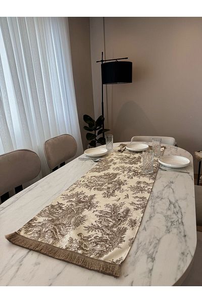 Karam Home Brown Tasseled French Peasants Printed Linen Runner 135X43 Runner
