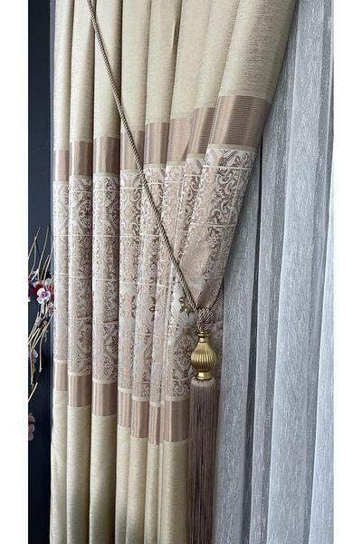 GLOMAR Panel Background Curtain Cream Mink Patterned 1/3 Dense Pleat Jacquard Single Wing Modern Luxury
