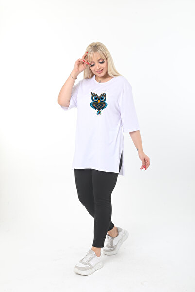 ÇİFTXL Large Size Knitted Viscose White Printed Salas T-Shirt