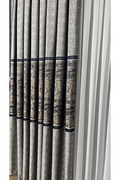 GLOMAR Gray-Navy Blue Patterned 1/3 Dense Pleat Jacquard Panel Background Curtain Modern Luxury