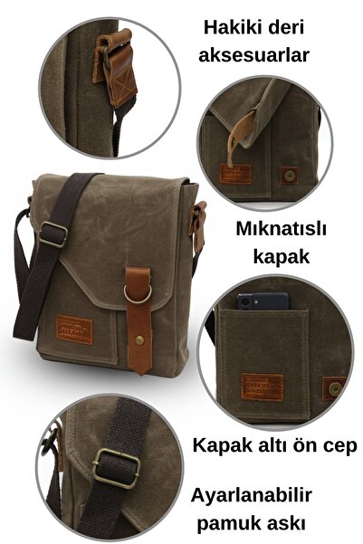 DARK COTTON 7059 Pretty Brown Genuine Leather Water Resistant Waxed Canvas Messenger Shoulder School Bag