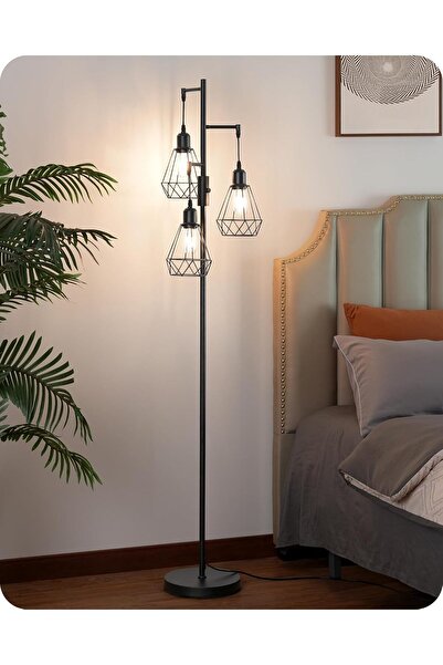 EDISHINE 3 Başlıklı Dimlenebilir Retro Ayaklı Lamba E27 LED, Kafes Şapkalı, 166 cm