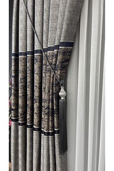 GLOMAR Gray-Navy Blue Patterned 1/3 Dense Pleat Jacquard Panel Background Curtain Modern Luxury