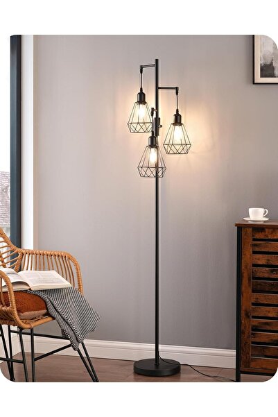 EDISHINE 3 Başlıklı Dimlenebilir Retro Ayaklı Lamba E27 LED, Kafes Şapkalı, 166 cm