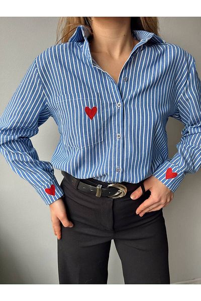 ELLA'S Cămașă cu dungi brodate cu inimă oversize