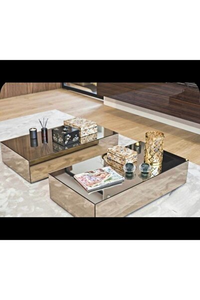 LUXURY VİLLA Bronz Aynalı Tekerlekli 2 Li Orta Sehpa 60x100 Yükseklik 30cm