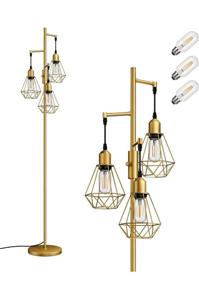 EDISHINE 3 Başlıklı Dimlenebilir Retro Ayaklı Lamba E27 LED, Kafes Şapkalı, 166 cm