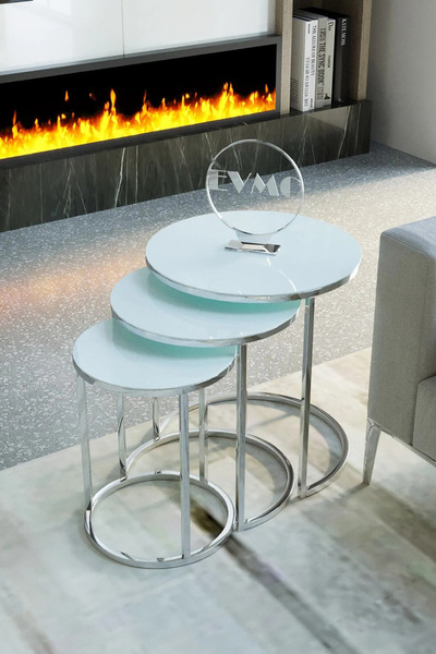 SEDAŞ 3' Lü& Bohem Sehpa & Zigon Sehpa & Orta Sehpa & Modern Sehpa Takımı & Gümüş Beyaz