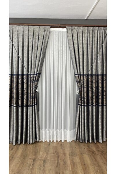 GLOMAR Gray-Navy Blue Patterned 1/3 Dense Pleat Jacquard Panel Background Curtain Modern Luxury