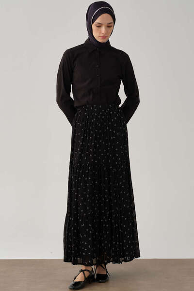 Tuğba Çiçek Desenli Etek - Siyah