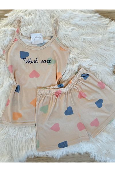 Pijamacs Heart Patterned Cotton Rope Strap Shorts Pajama Set