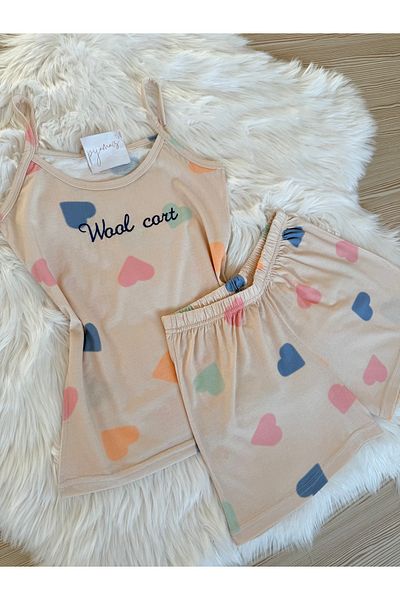 Pijamacs Heart Patterned Cotton Rope Strap Shorts Pajama Set
