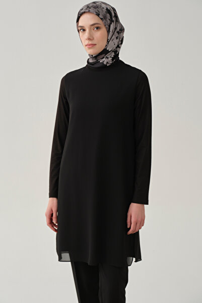 Tuğba Şifon Garnili Yırtmaçlı Penye Tunik - Siyah