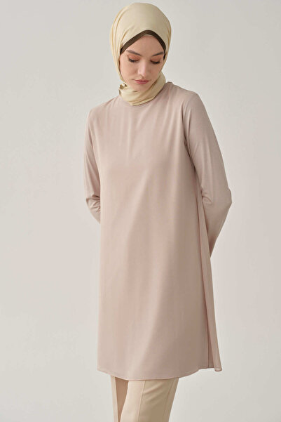 Tuğba Şifon Garnili Yırtmaçlı Penye Tunik - Taş