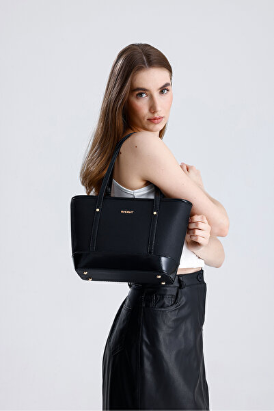 Evident Black Patent Leather Detailed Medium Size Bucket Model Women's Shoulder Bag