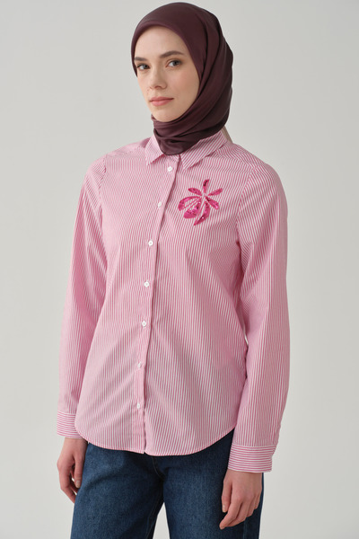 Tuğba Çiçek Nakışlı Çizgili Gömlek - Fuşya
