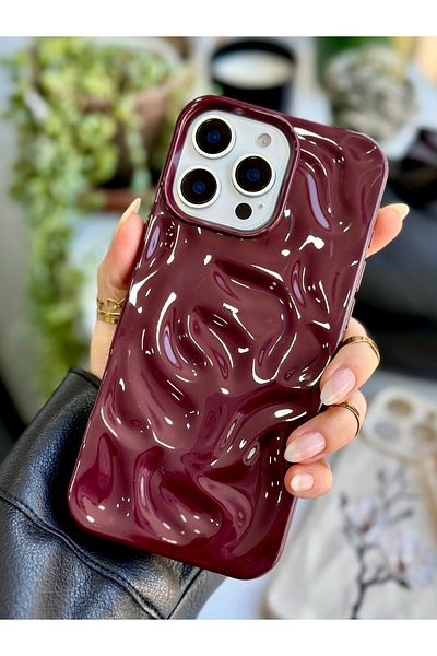 Go Aksesuar iPhone 16 Promax Compatible 3D Embossed Glossy Claret Red Silicone Case