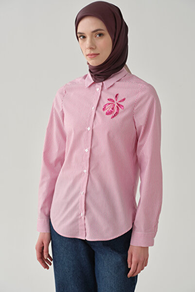 Tuğba Çiçek Nakışlı Çizgili Gömlek - Fuşya