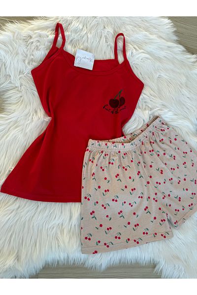 Pijamacs Set de pijamale cu bretele din bumbac cu model cireșe roșii