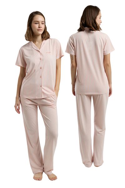 Pierre Cardin Women's Short Sleeve Bebe Collar Pink White Striped Full Buttoned Pajamas Set Vr.Pc.K90.T12.Y01