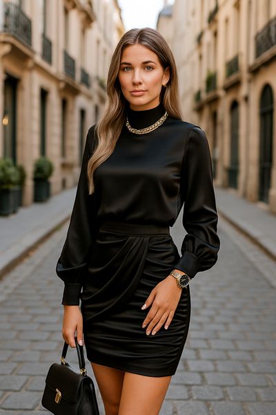İpeksi Silky Women's Half Turtleneck Cotton and Drawstring Detail Mini Dress