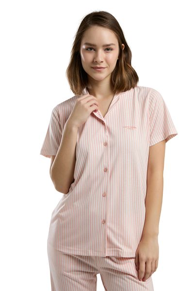Pierre Cardin Women's Short Sleeve Bebe Collar Pink White Striped Full Buttoned Pajamas Set Vr.Pc.K90.T12.Y01