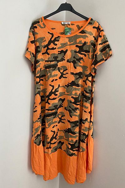 AYASOFYA OTANTIK Rochie midi din viscoză cu mânecă scurtă, portocaliu italian, cu gât rotund, cu model de camuflaj