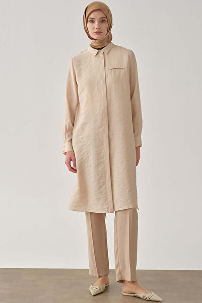Tuğba Gizli Pat Kapamalı Yırtmaçlı Uzun Tunik - Bej