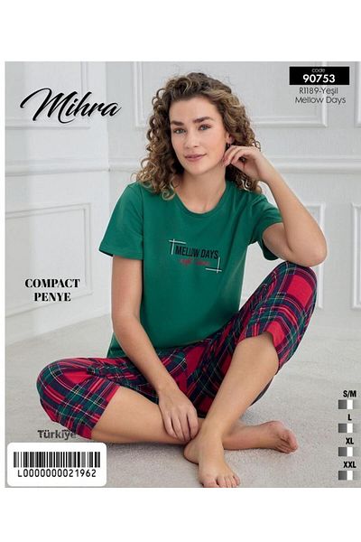 Mihra Γυναικείο Σετ Πιτζάμες με κοντό μανίκι με λαιμόκοψη με λαιμόκοψη με χτενισμένο βαμβακερό κάπρι 90753y - 1 τεμάχιο
