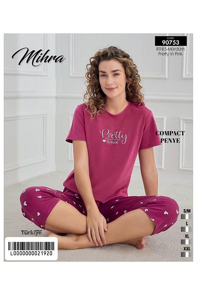 Mihra Women's Crew Neck Compact Combed Lycra Capri Short Sleeve Pajama Set 90753m - 1 Piece