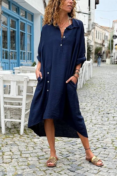 Güneşkızı Italian Navy Blue Button Collar 3/4 Sleeve Slit Epaulet Soft Textured Loose Woven Dress 125 68