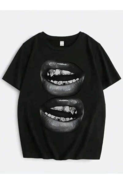 Violon Tricou oversize unisex cu mânecă scurtă, cu imprimeu cu două buze