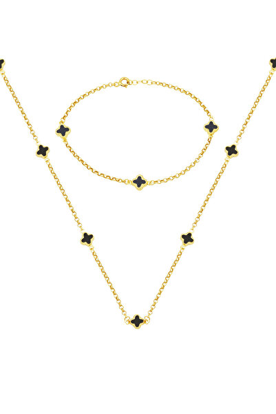 Bilezikci Oniks Taşlı Yonca 14 Ayar Altın Set Takımı