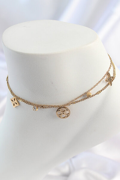 Skygo 316L Steel Gold Color 2-Piece Chain Dream Cap Figure Zircon Stone Detail Women's Anklet - Tj-Hh1651