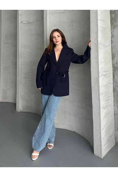 FERZOLAİO Navy Blue Blazer Jacket with Belt Detail
