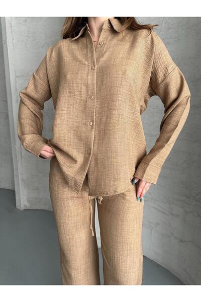 FERZOLAİO Pocketless Milk Coffee Linen Double Set