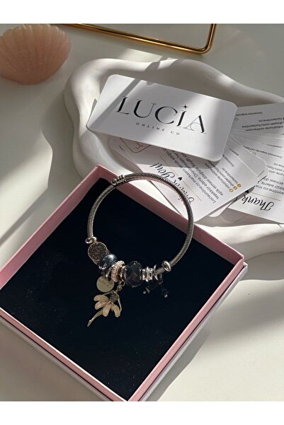 SHINELUC سوار فولاذي باللون الفضي مع سحر راقصة الباليه الوردي