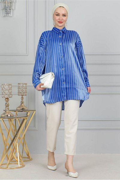 TRENDTESETTÜR Women's Blue Striped Shiny Shirt Tunic t 7398
