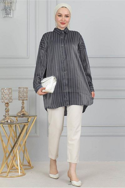TRENDTESETTÜR Women's Gray Striped Shiny Shirt Tunic t 7398