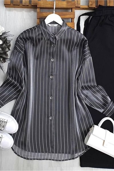 TRENDTESETTÜR Women's Gray Striped Shiny Shirt Tunic t 7398