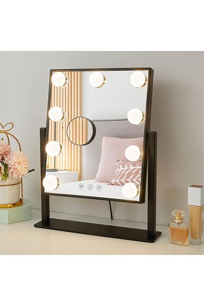 COOYA Tabletop Makeup Mirror with 9 LED Lights,3 Colors Dimmable Touch Control,10X Magnification,34x6x36cm