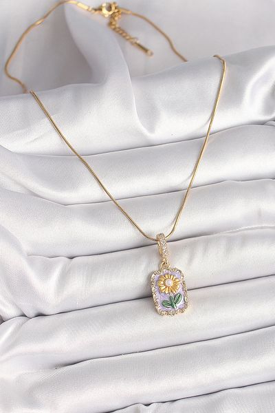 Skygo 316L Steel Gold Color Zircon Stone Purple Daisy Embroidered Portrait Model Women's Necklace - Tj-Bko9915