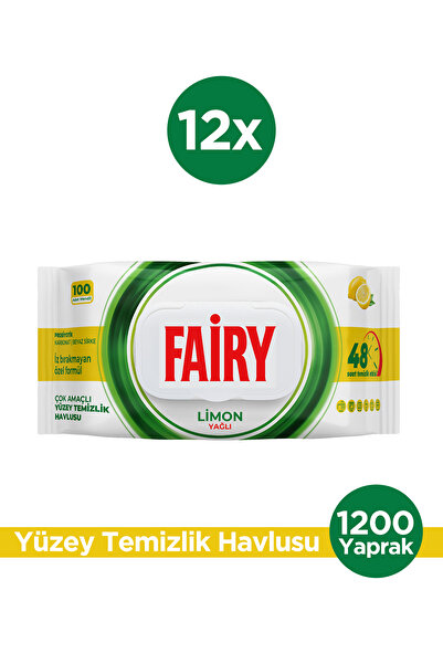 Fairy Çok Amaçlı Yüzey Temizleme Mendili 100 Yaprak 12 Adet | Limon Yağlı | B...