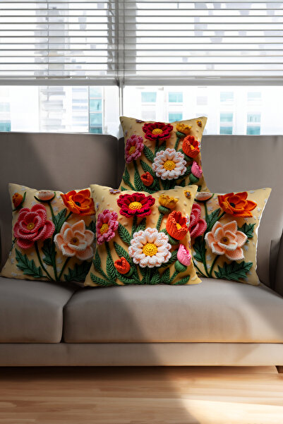 Ahsen Dekoratif Knitted Patterned 3D Look Digital Printing Velvet 4-Piece Throw Pillow Cover Set That Will Bring Different Air to Your Home