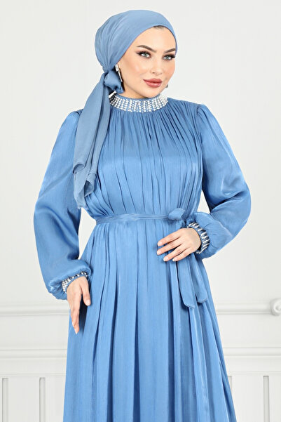 ModaMerve Yakası İncili Abiye 4023YGS898-M Mavi