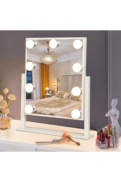 COOYA Tabletop Makeup Mirror with 9 LED Lights,360°Rotation,3 Colors Dimmable Touch Control,34x6x36 cm