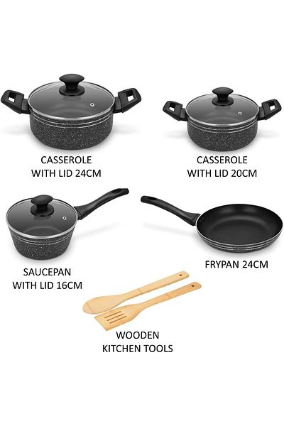 Auroware Non Stick 9 Pcs Cookware Set Black, Pressed Aluminum, Kitchen Induction ready